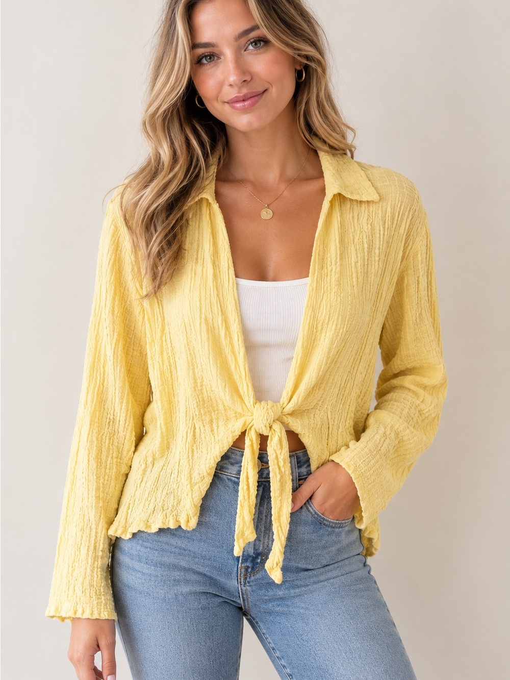 Monday Swimwear Womenβs Yellow Tie-Front Textured Shirt Size Large Linen